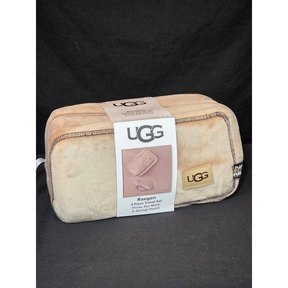 UGG‎ Raegen 3 Piece Travel Set Throw Eye Mask Storage Pouch Tan Fleece NWT